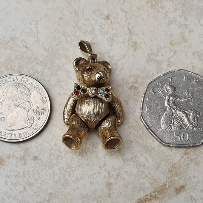 Heavy Articulated Teddy Bear with Dickie Bow in 9ct Gold