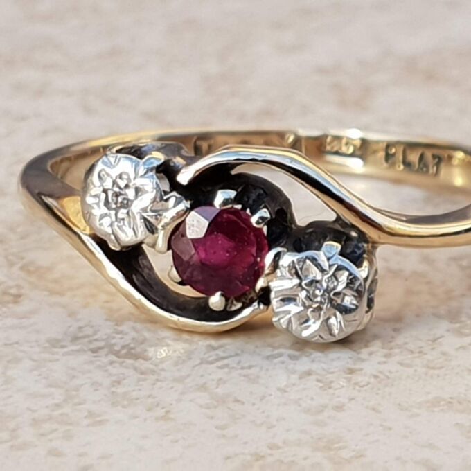 Ruby & Diamond Bypass Ring in 9ct Gold & Platinum,  a UK J 1/2 or a US 5 1/4.