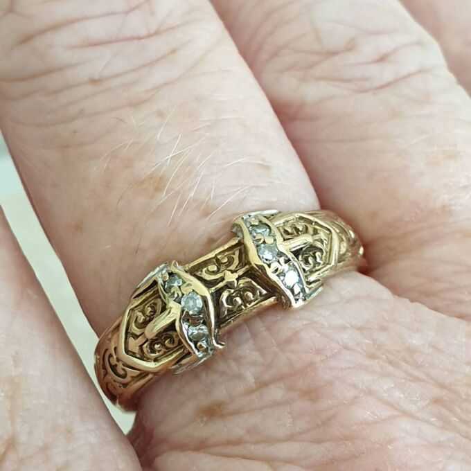 Double Buckle Diamond Set Ring in 9ct Gold,  a UK R 1/2 or a US 9 1/4.