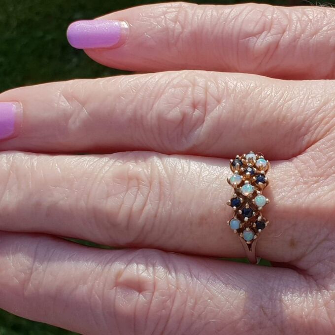 Intricate Multi Stone Opal and Sapphire Ring in 9ct Gold, a UK O or a US 7 1/4.
