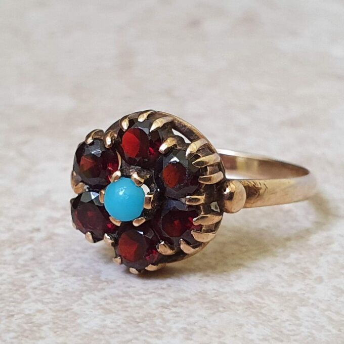 Garnet and Turquoise Ring in 9ct Gold.