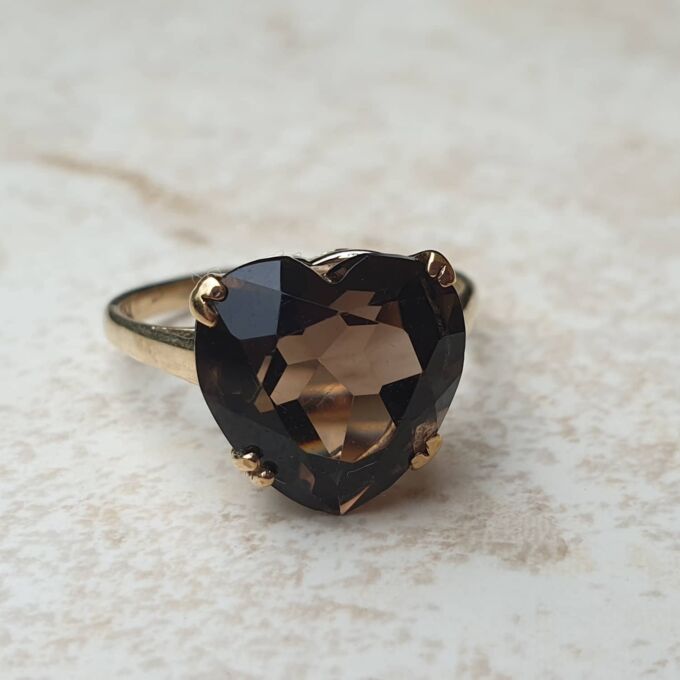Romantic Heart Cut Smoky Quartz Ring in 9ct Gold, a UK P 1/2 or a US 8 1/4.