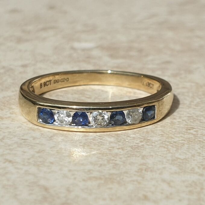 Channel Set Sapphire and Diamond Ring in 9ct Gold, a UK L 1/2 or a US 6 1/4