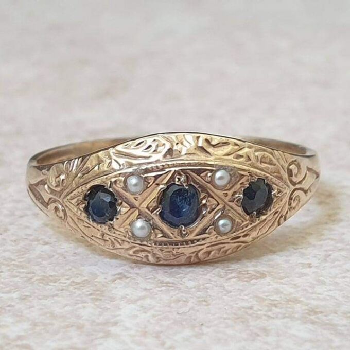 Sapphire and Seed Pearl Gypsy Ring in 9ct Gold, a UK N or a US 7