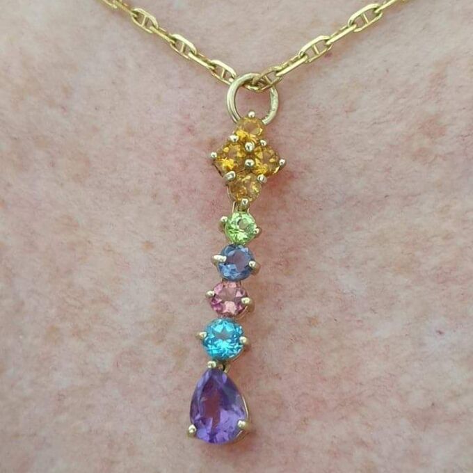 Reserved – Multi Stone Rainbow Drop Pendant in 9ct Gold