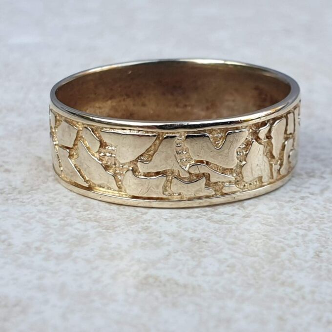 Broad Abstract Patterned Band in 9ct Gold,  a UK T or a US 10.
