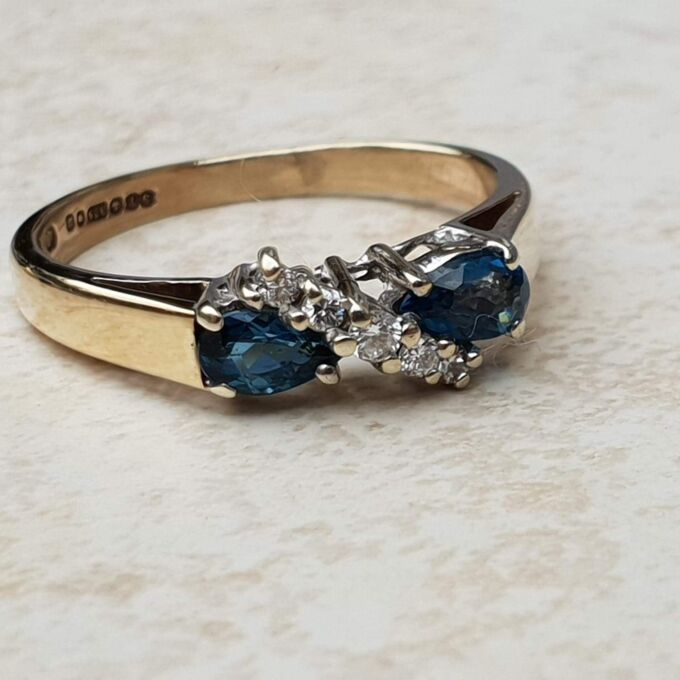Sale – London Pear Blue Topaz & Diamond 9ct Gold Ring, a UK M 1/2 or a US 6 3/4.