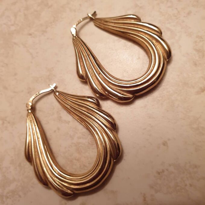 Oval Swag Design Drop Hoop Earrings in 9ct Gold