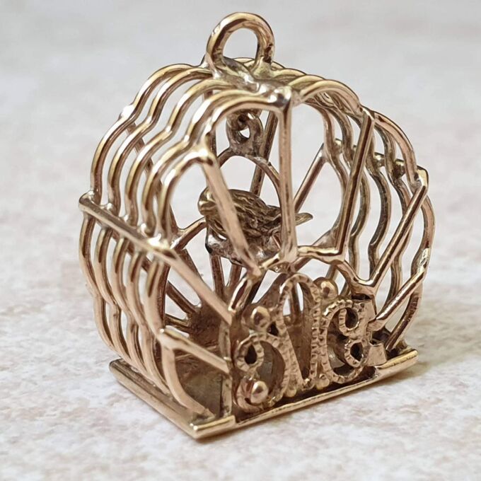 Bird in Birdcage Charm Pendant in 9ct Gold