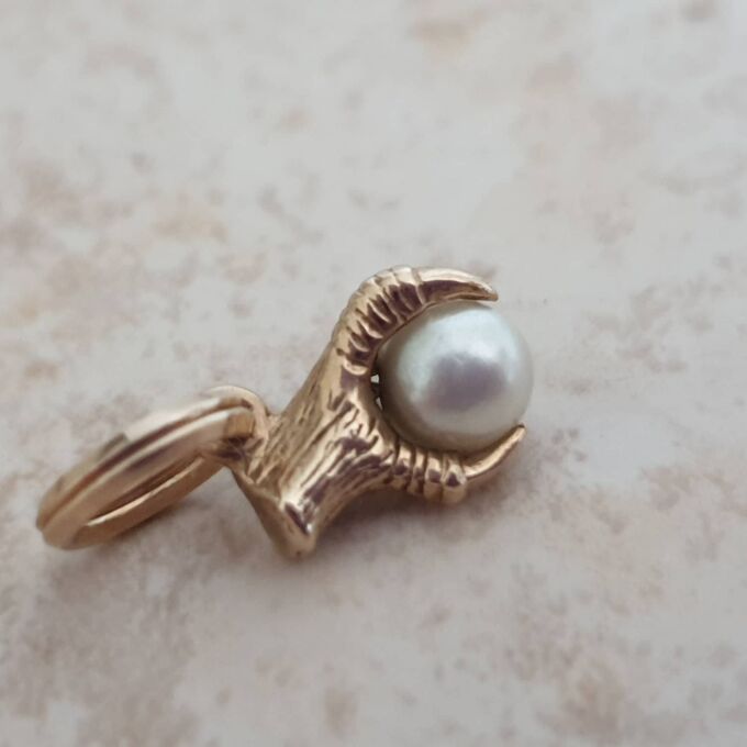 Tiny Faux Pearl Eagle Claw Pendant Charm in 9ct Gold