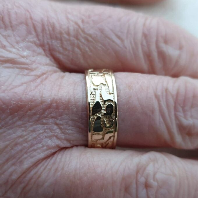 Broad Abstract Patterned Band in 9ct Gold,  a UK T or a US 10.