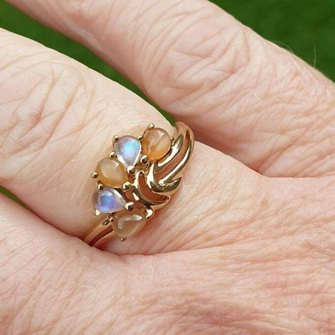 Rainbow and Peach Moonstone Ring in 9ct Gold.