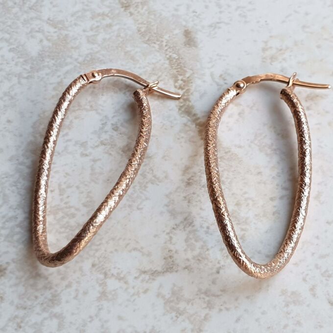 Textured Curved Oval Hoop Earrings in 9ct Rose Gold