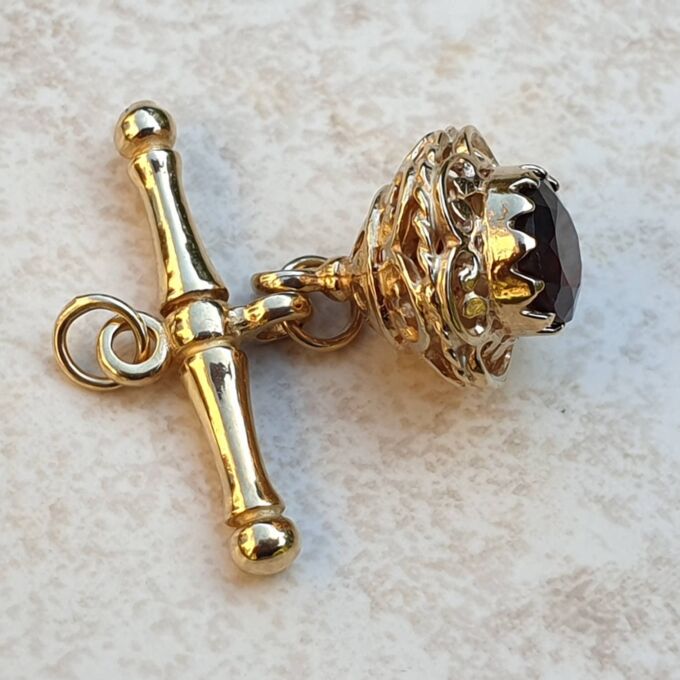 Albert or T Bar Fob Pendant with Garnet Chatm in 9ct Gold