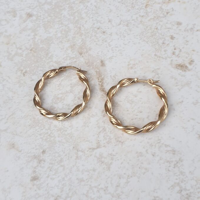 Twisted Rope Effect Hoop Earrings in 9ct Gold by Unoaerre.
