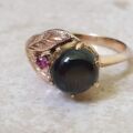 Black Synthetic Sapphire Ring with Ruby in 9ct Gold.