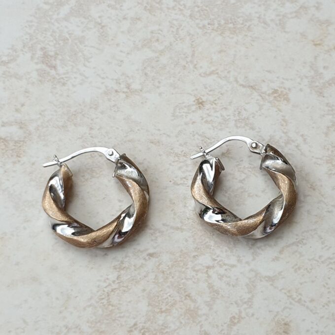 Two Colour Twisted Hoop Earrings in 9ct Gold