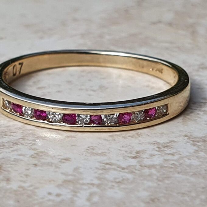 Channel Set Ruby and Diamond Narrow Band in 9ct Gold.
