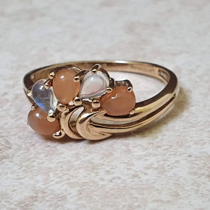 Rainbow and Peach Moonstone Ring in 9ct Gold.
