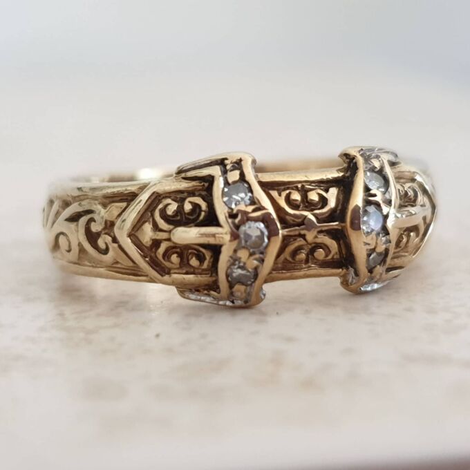 Double Buckle Diamond Set Ring in 9ct Gold,  a UK R 1/2 or a US 9 1/4.