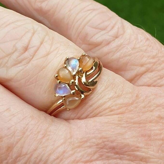 Rainbow and Peach Moonstone Ring in 9ct Gold.