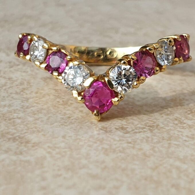 Ruby and Diamond Chevron Ring in 18ct Gold,  a UK M 1/2 or a US 6 3/4.