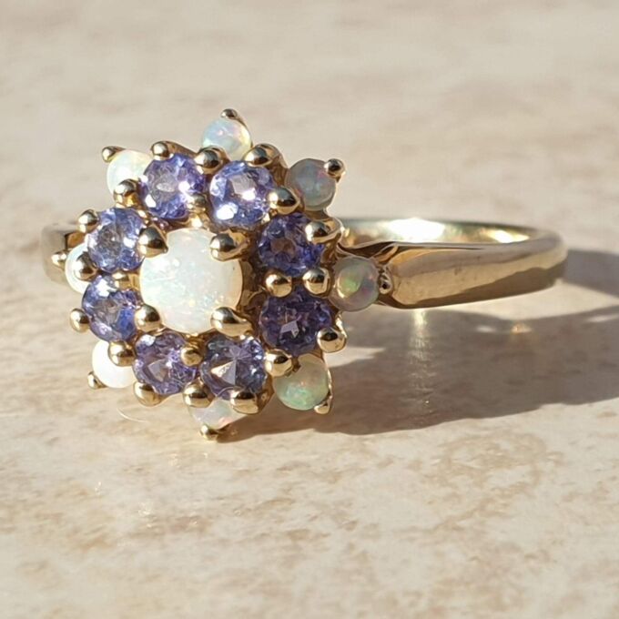 Opal and Tanzanite Cluster Ring in 9ct Gold,  a UK T 1/2 or a US 10.