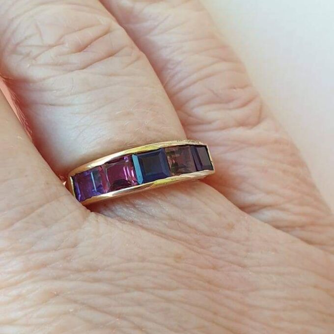 Iolite, Tourmaline and Amethyst Ring in 9ct Gold.