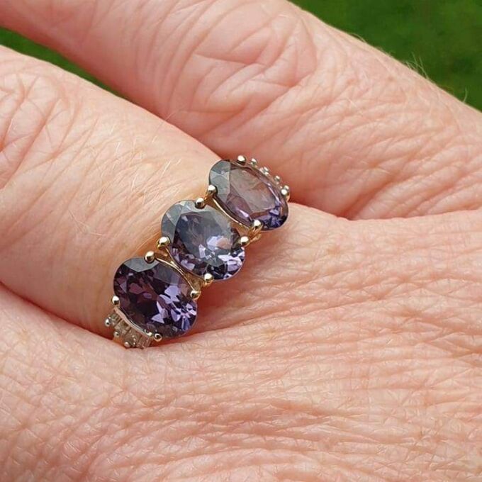 Three Stone Violet Spinel Ring in 9ct Gold