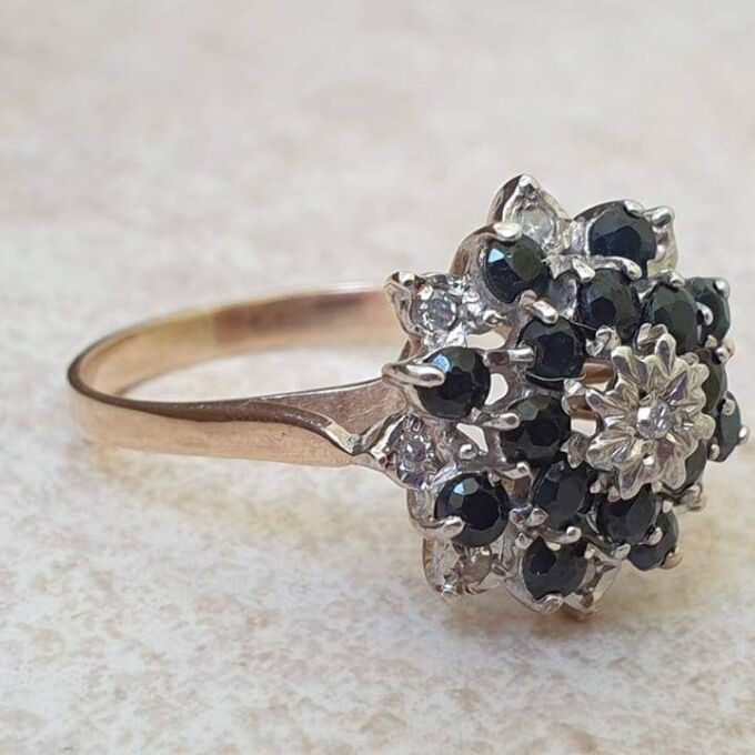 Sapphire and Diamond Cluster Ring in 9ct Gold, a UK O or  US 7 1/2