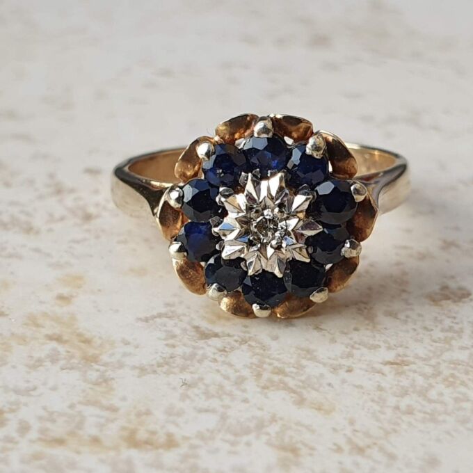 Sapphire and Diamond Cluster Ring in 9ct Gold, a UK J 1/2 or a US 5 1/4