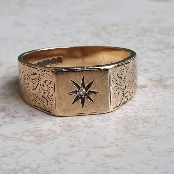 Broad Diamond Set Signet Ring in 9ct Gold, a UK R 1/2 or a US 9 1/4