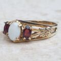 Sale – Ornate Opal and Garnet 9ct Gold Ring, a UK L 1/2 or a US 6 1/4.