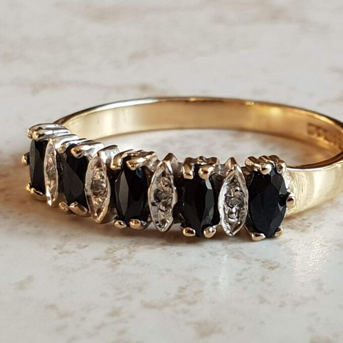 Marquise Sapphire & Diamond Band in 9ct Gold,  Size UK K 1/2 or a US 5 1/2.