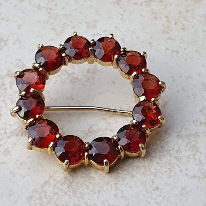 Garnet Twelve Stone Circular Brooch in 9ct Gold