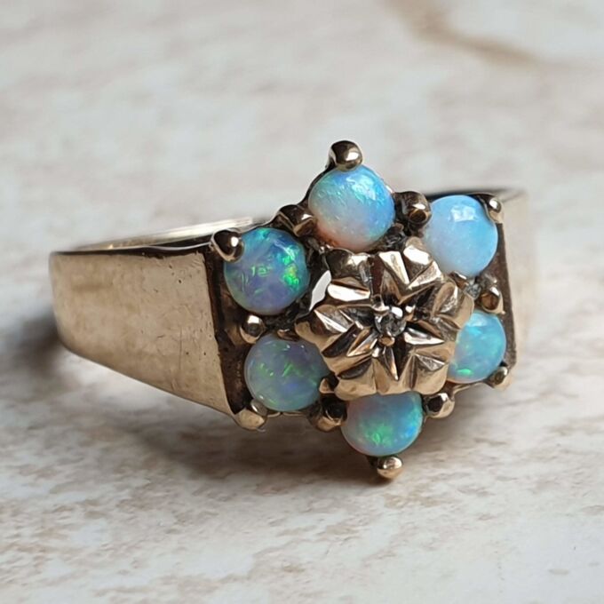 Opal and Diamond Cluster Ring in 9ct Yellow Gold, a UK M or a US 6 1/4.