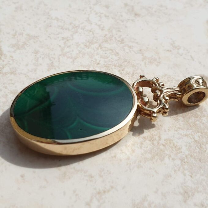 Double Sided Reversible Malachite & Jet Pendant by CWS in 9ct Gold
