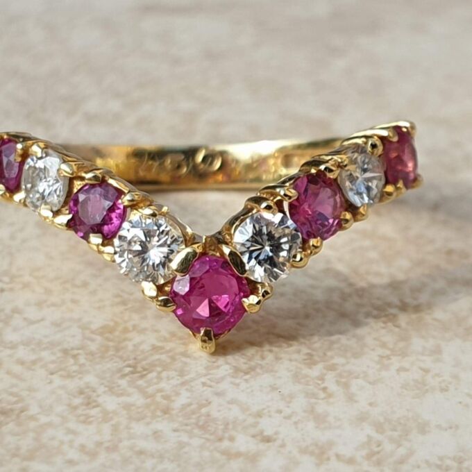 Ruby and Diamond Chevron Ring in 18ct Gold,  a UK M 1/2 or a US 6 3/4.