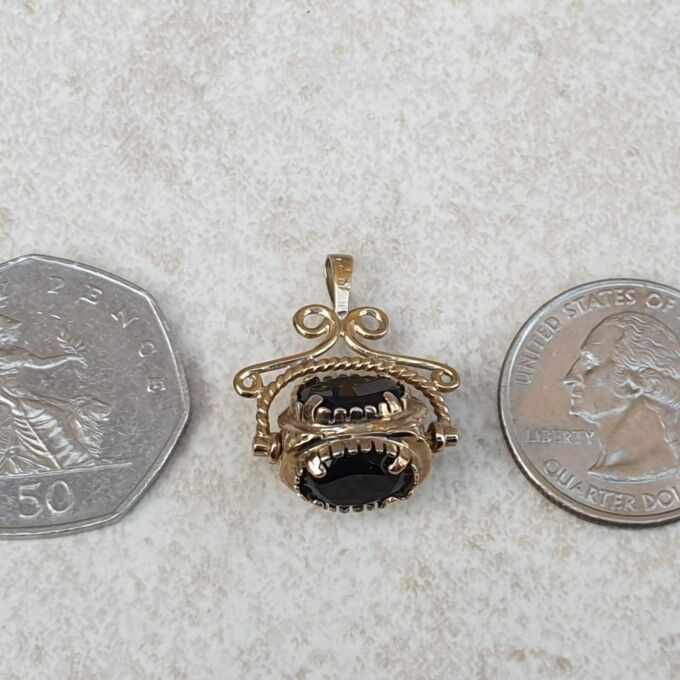 Three Stone Smoky Quartz Spinner Fob Pendant in 9ct Gold