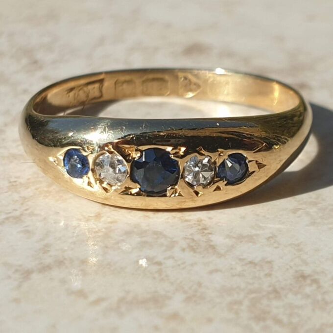 Antique Gypsy Sapphire and Diamond Ring in 18ct Gold,  a UK L1/2 or a US 6 1/4.