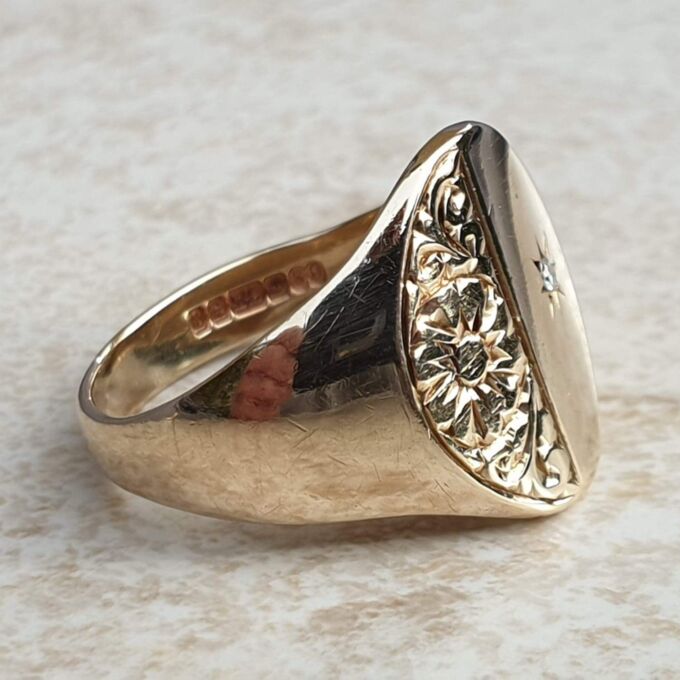 Diamond Set Engraved Signet Ring in 9ct Gold,  a UK O 1/2 or a US 7 3/4