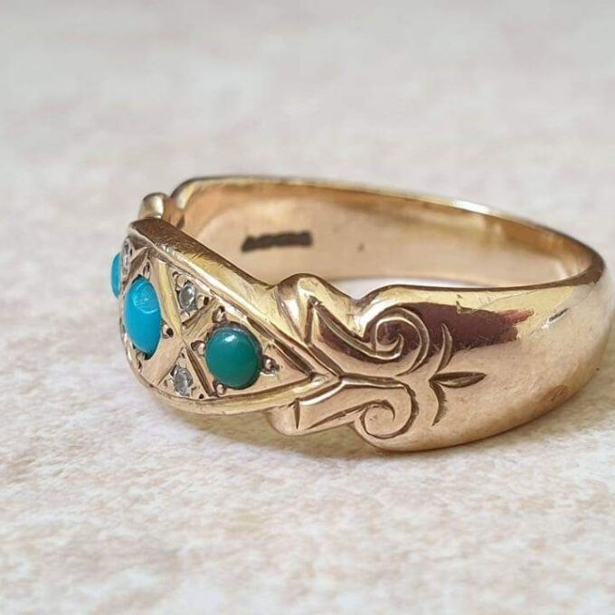 Three Stone Turquoise and Diamond Ring in 9ct Gold.