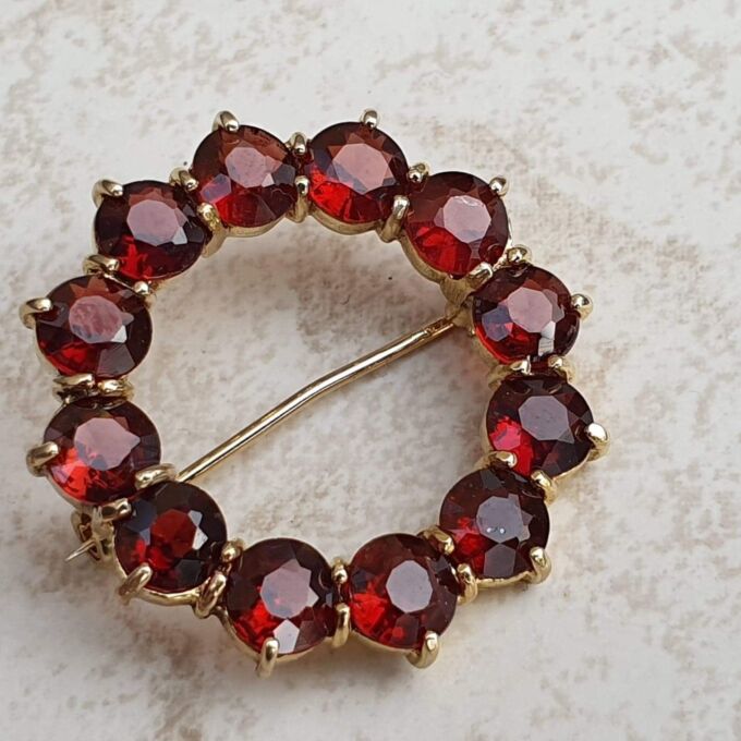 Garnet Twelve Stone Circular Brooch in 9ct Gold