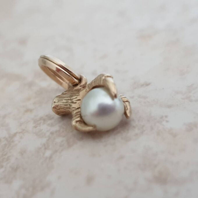 Tiny Faux Pearl Eagle Claw Pendant Charm in 9ct Gold