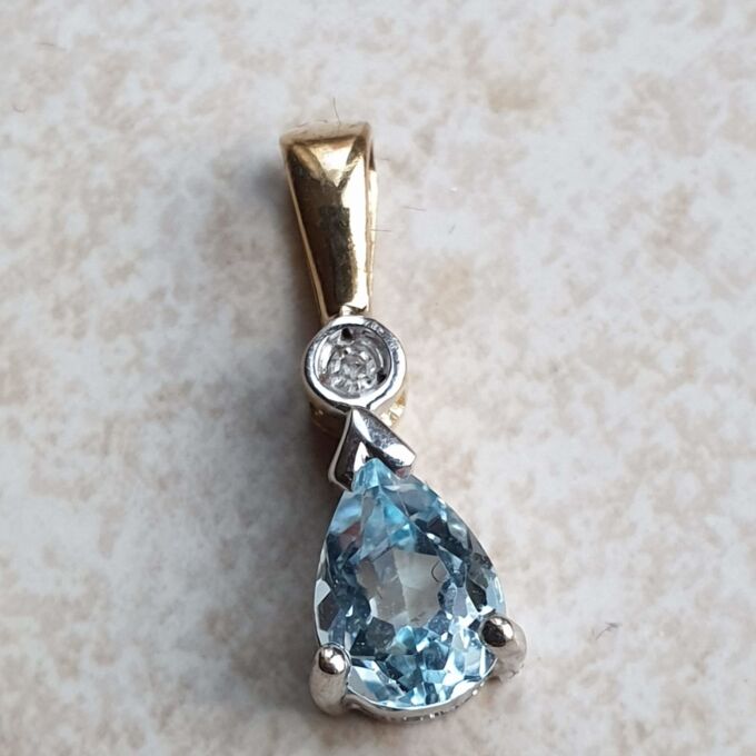 Pear Cut Aquamarine and Diamond Pendant in 9ct Gold