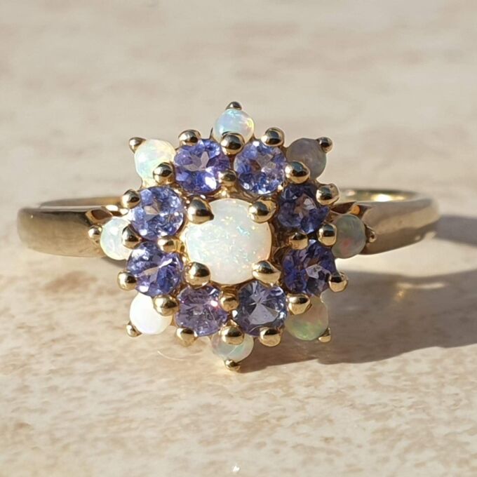 Opal and Tanzanite Cluster Ring in 9ct Gold,  a UK T 1/2 or a US 10.