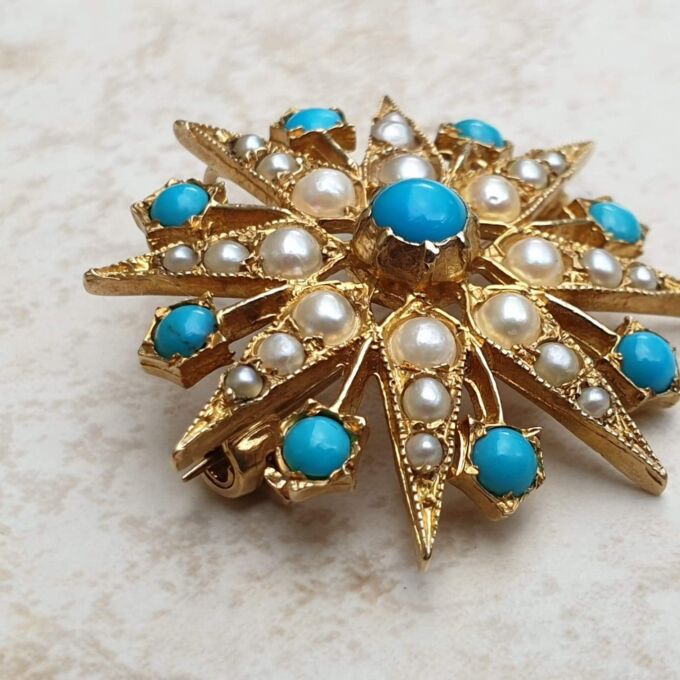 Turquoise and Pearl Star Snowflake Brooch and Pendant in 9ct Gold