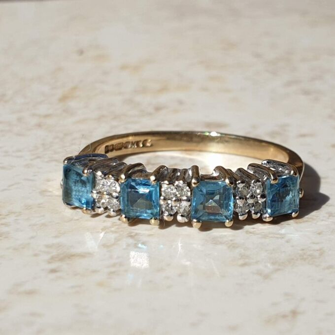 Bright Swiss Blue Topaz and Diamond Band in 9ct Gold, a UK J 1/2 or a US 5 1/4.