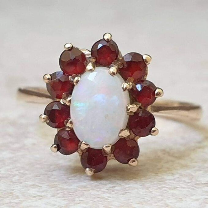 Opal and Garnet Cluster Ring in 9ct Gold.