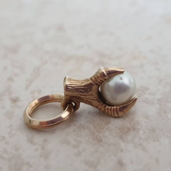 Tiny Faux Pearl Eagle Claw Pendant Charm in 9ct Gold